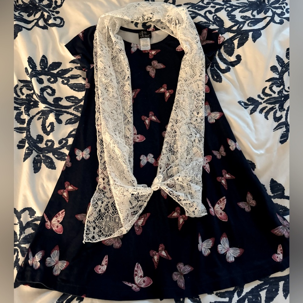 Pink Violet Blue Butterfly Dress with Scarf Size 6/6X